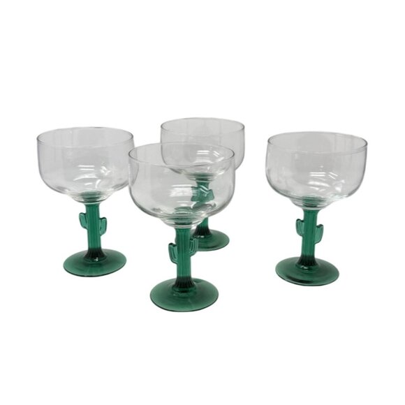 Vintage Set of 4 Cactus Stem Margarita Glasses 6.25” Green Stem Southwestern Bar - Picture 4 of 4